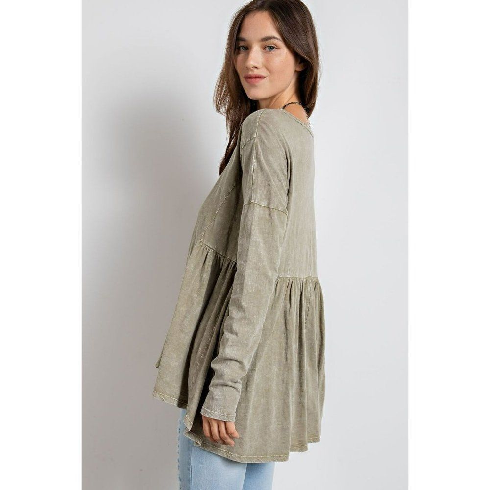 LAST ONE! Easel Oversized Washed Cotton Long Sleeve Tunic Top Faded Sage ET18211 - Picture 4 of 5